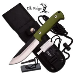 Elk Ridge BushCraft 10.5 Inch Fixed Blade Hunting Knife Olive Green Nylon Fiber Handle
