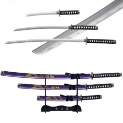 3pc Blue Dragon Japanese Katana Samurai Sword Set Carbon Steel Blade Bushido Stand
