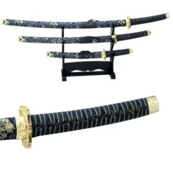 3 Piece Blue Samurai Sword Set With Stand
