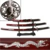 3 Piece Samurai Sword Set Burgundy Color - Dragon Design -Knife Shop JS697R