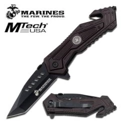 Marines Mtech Tactical Spring Assisted Folding Knife - Black Handle With Medallion