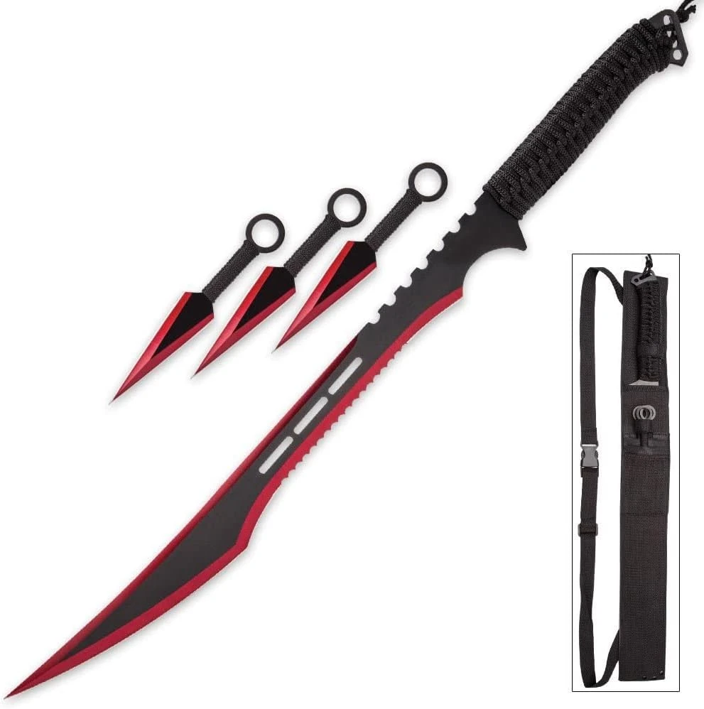 Red Ninja Sword Full Tang Machete Tactical Blade 3 Pcs Kunai Throwing Knife Set 3 Red Ninja Sword Full Tang Machete Tactical Blade 3 Pcs Kunai Throwing Knife Set