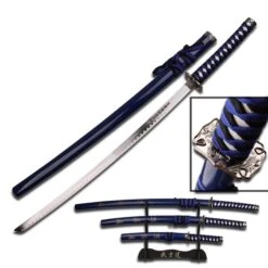 3 Piece Dragon Samurai Katana Sword Set - Blue And Black