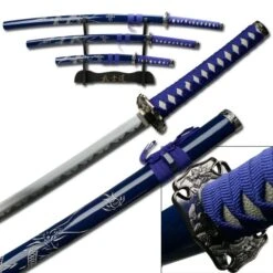 3 Piece Samurai Sword Set - Blue Carved Dragon On Scabbard